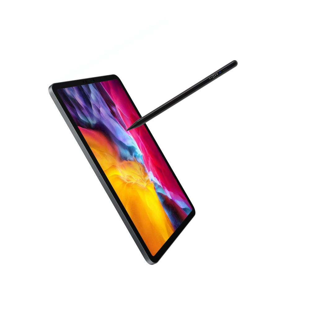 Ein iPad mit schwarzem Stylus, der Bildschirm zeigt ein farbenfrohes abstraktes Bild.
