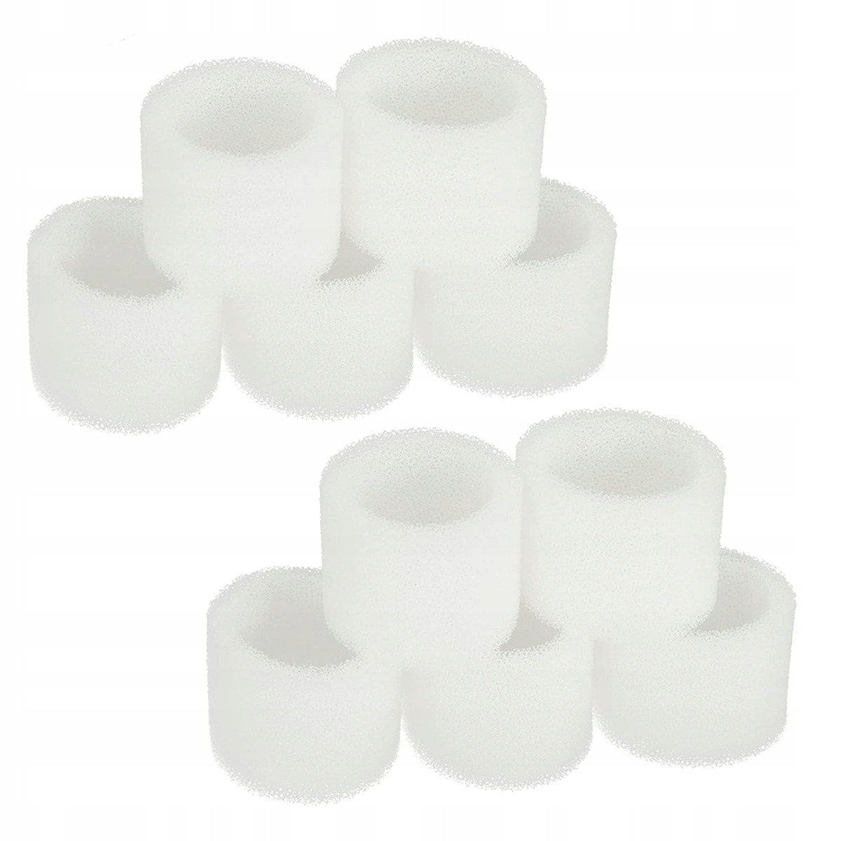 Kolekcja białych piankowych cylindrów, ułożonych w dwóch grupach, na białym tle.