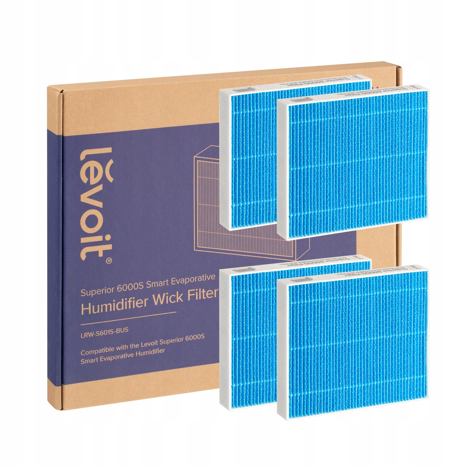 Pudełko filtrów do nawilżacza z widocznymi niebieskimi wkładami filtrującymi.