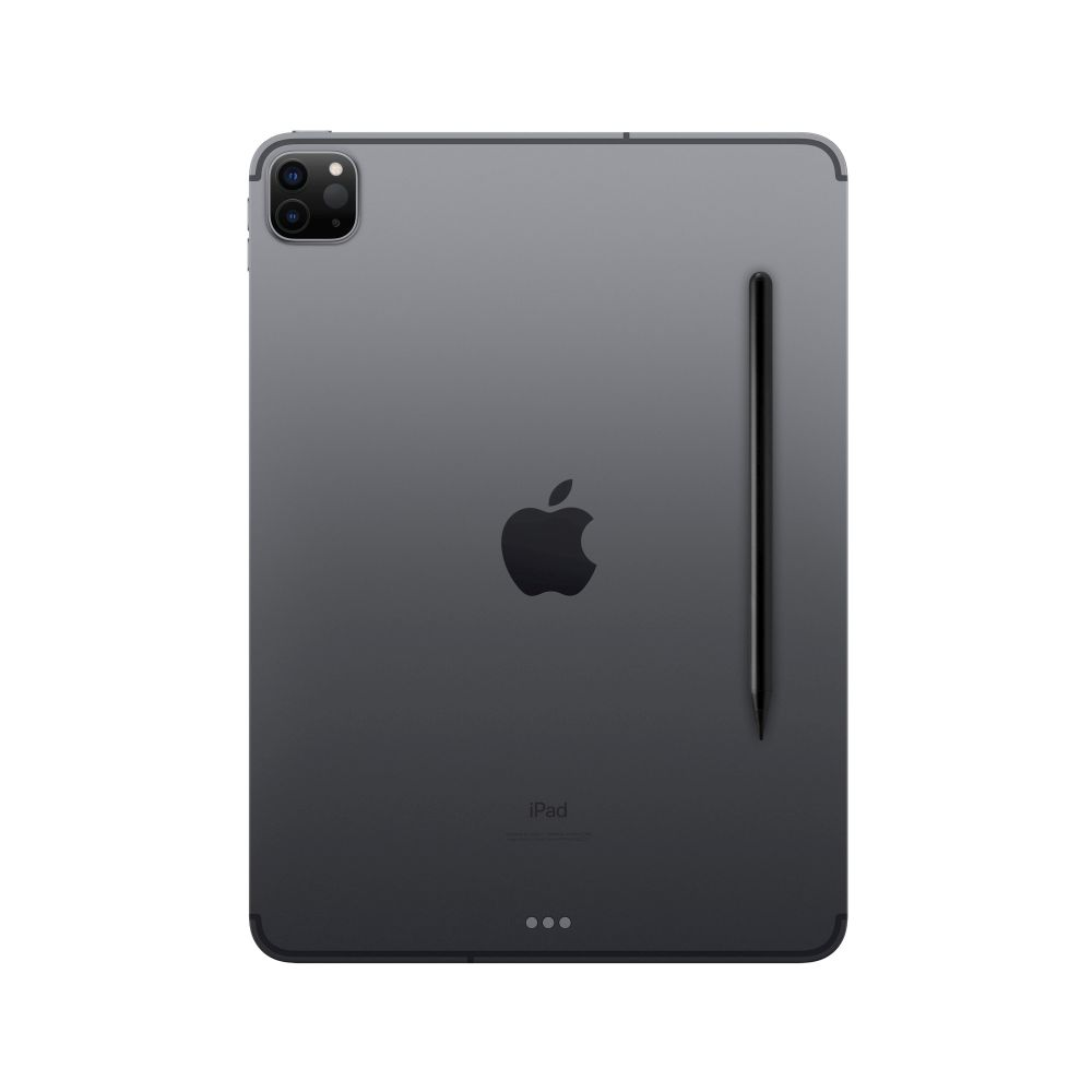 Ein dunkelgraues iPad mit einem schwarzen Stift, auf weißem Hintergrund. Das Apple-Logo ist sichtbar.