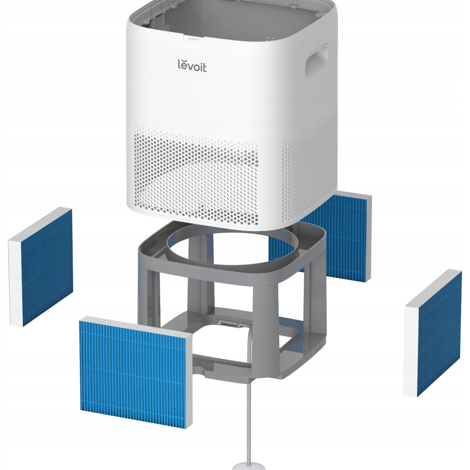 Widok rozstrzelony oczyszczacza powietrza z elementami filtra i obudową zewnętrzną.