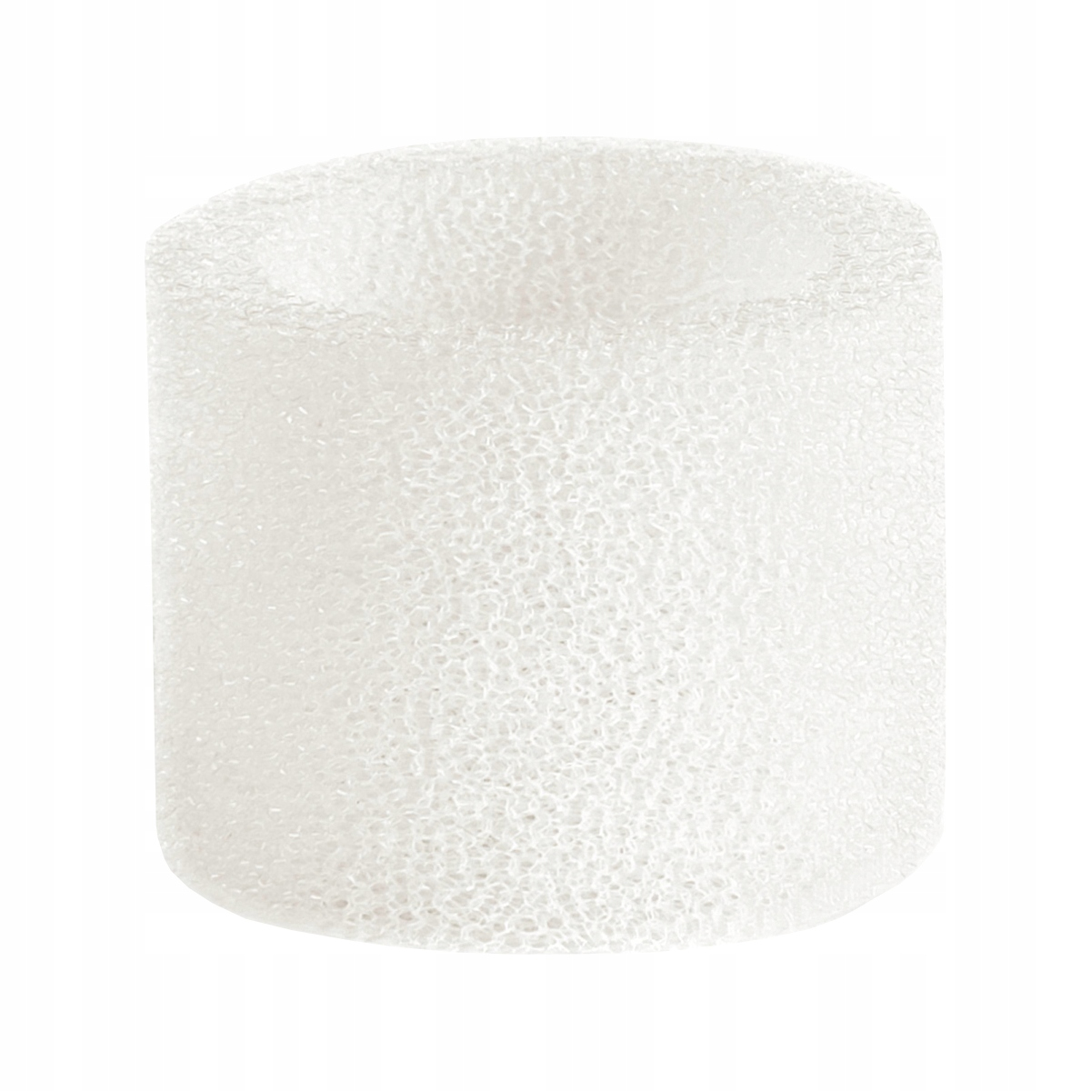 Pojedynczy biały cylinder piankowy o porowatej fakturze na gładkim białym tle.