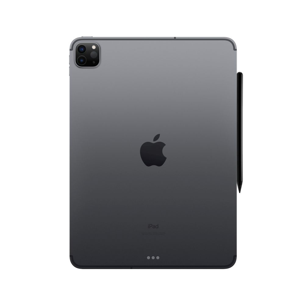 Rückseite eines dunkelgrauen iPads mit Apple-Logo und schwarzem Stift befestigt.