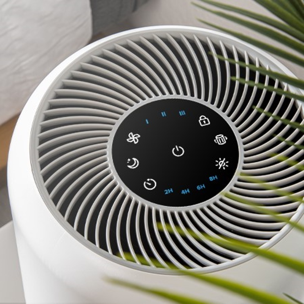 Zbliżenie panelu sterowania oczyszczacza powietrza z podświetlanymi symbolami i przyciskami.