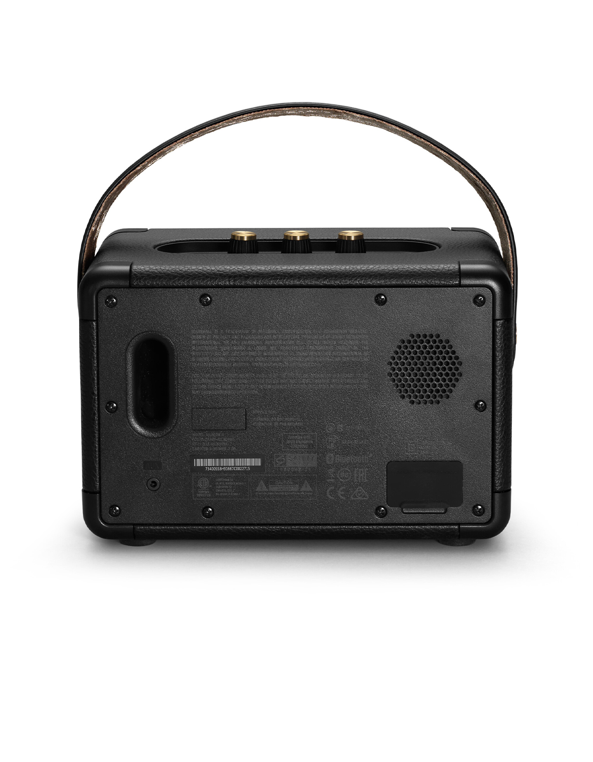 Rückseite eines schwarzen Marshall-Lautsprechers. Griff, Etiketten und ein Lautsprecherloch sind sichtbar.