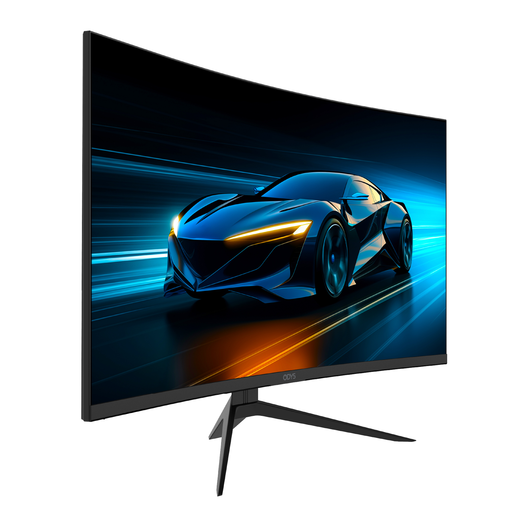 Gebogener schwarzer Monitor, der ein Auto zeigt. Der Monitor hat dünne Beine.