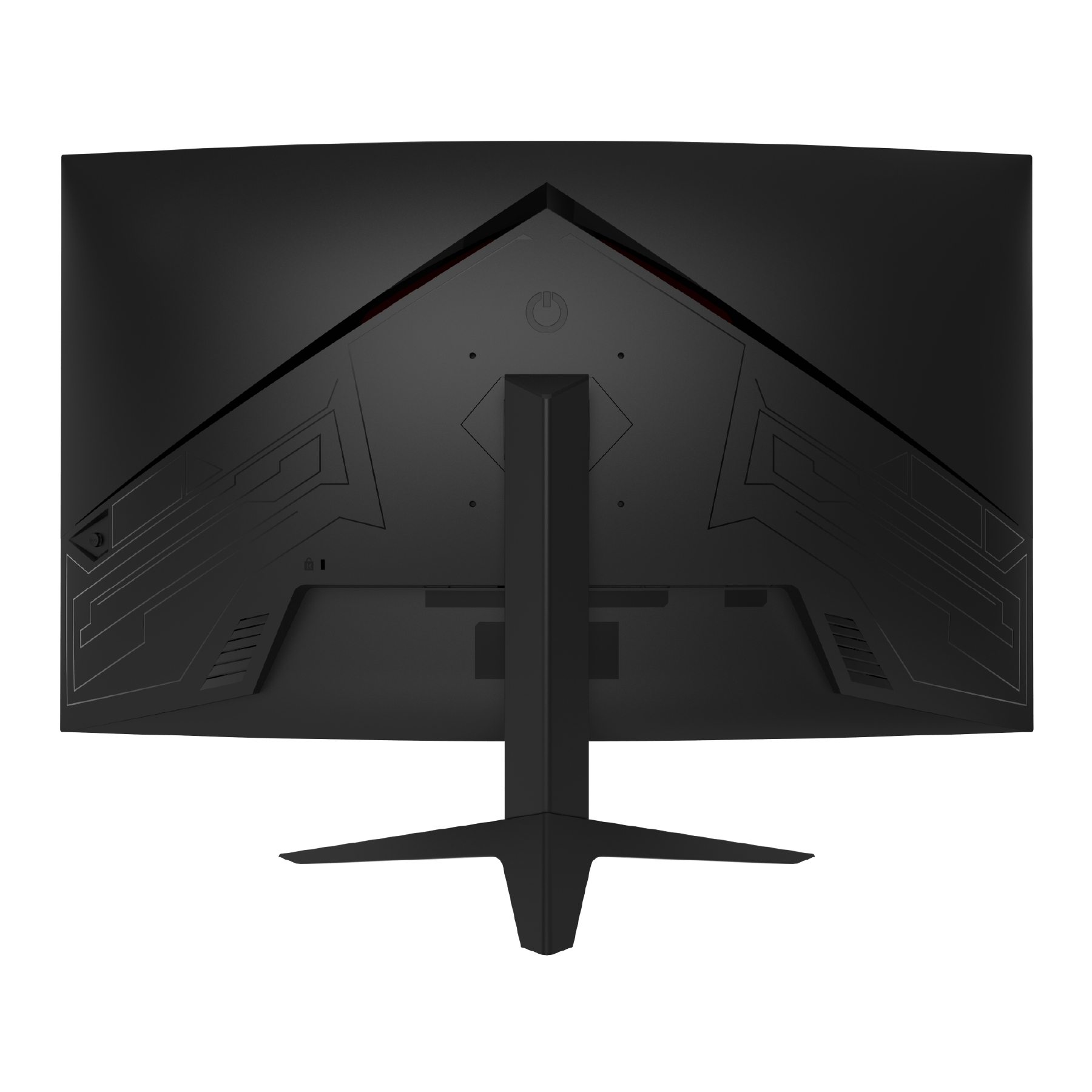 Schwarzer Computermonitor von hinten gesehen. Mit Ständer und interessantem Design.