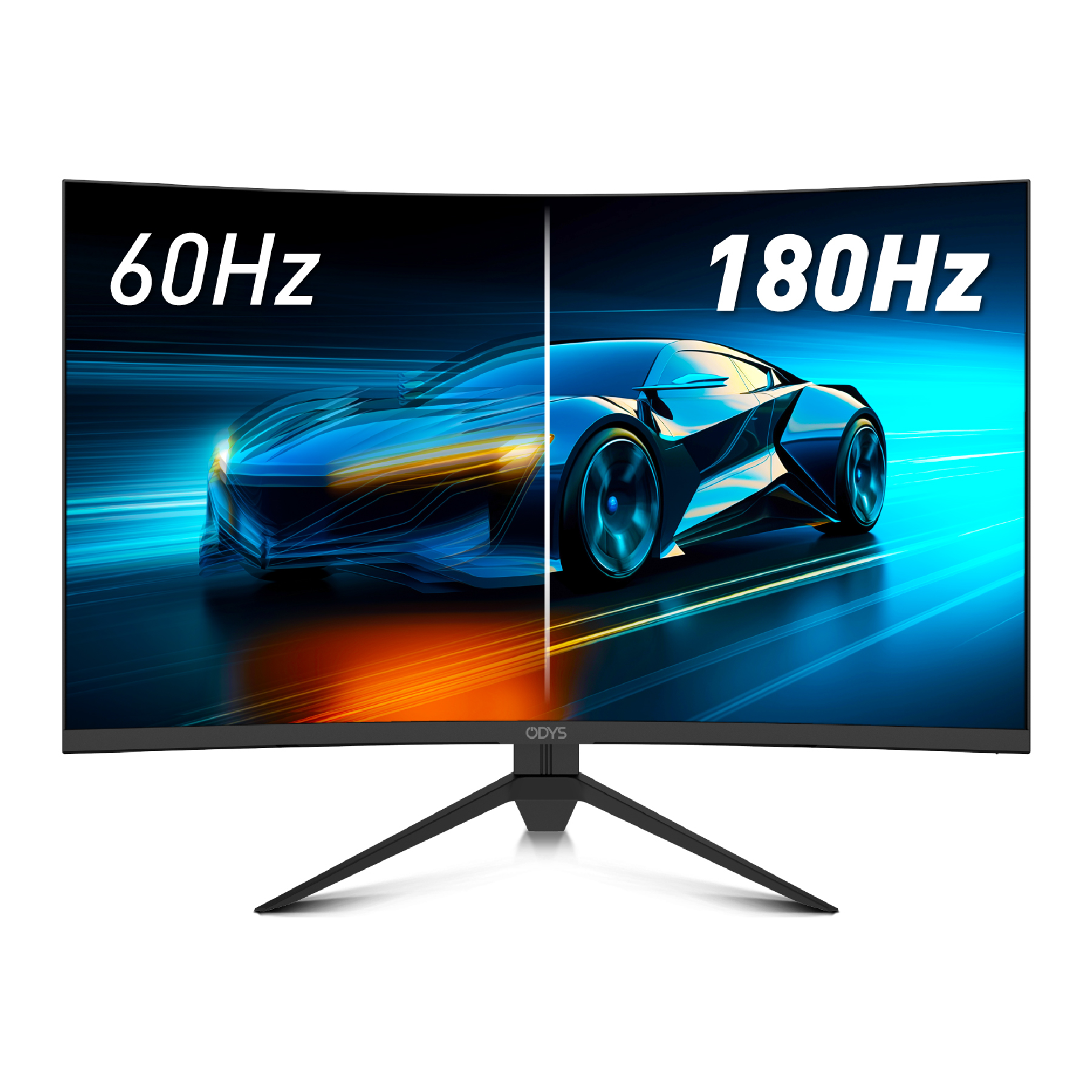 Gebogener Monitor zeigt Autografik, geteilt mit 60Hz und 180Hz. Er hat einen schwarzen Ständer und einen weißen Hintergrund.