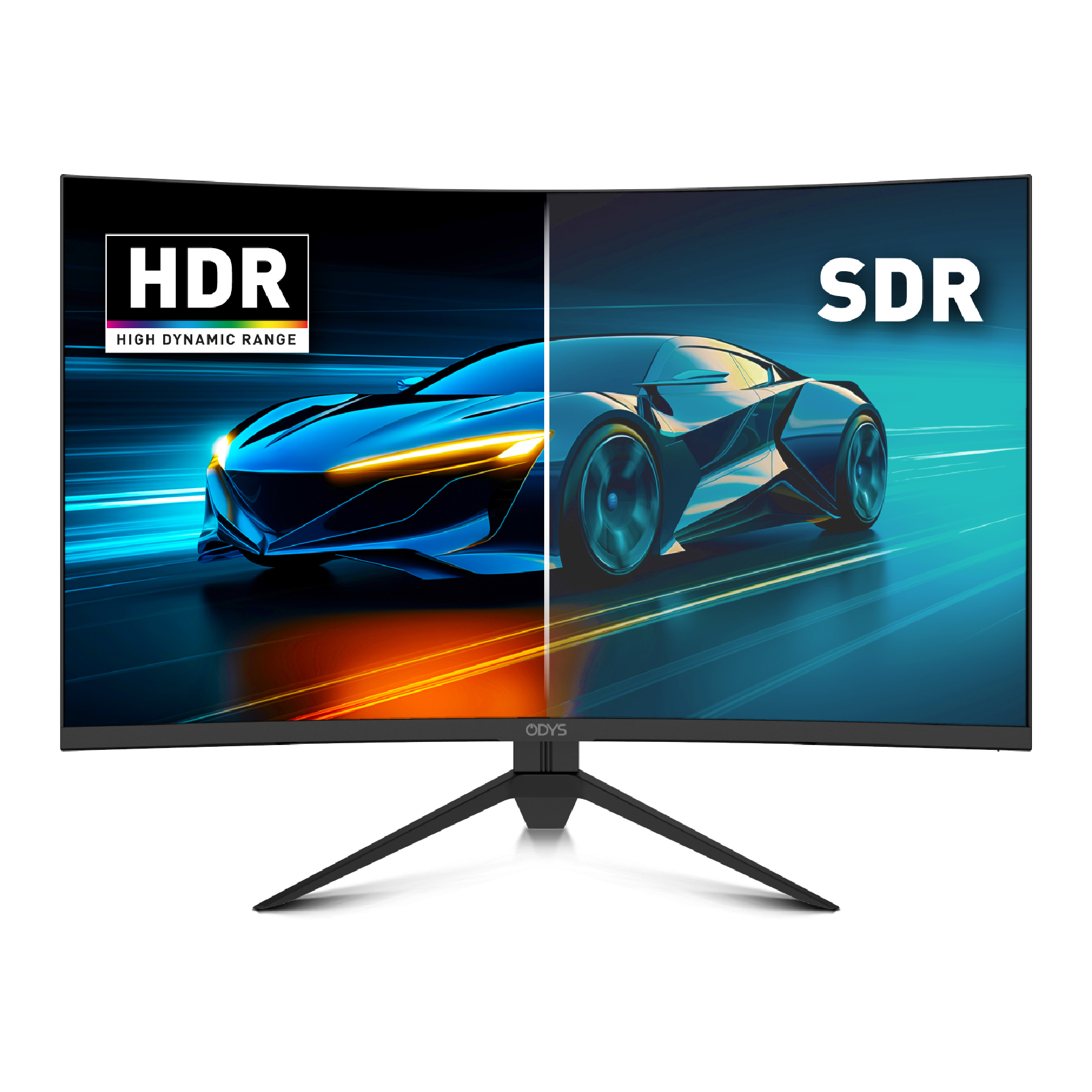 Gebogener Monitor mit Autobild, aufgeteilt in HDR- und SDR-Abschnitte.