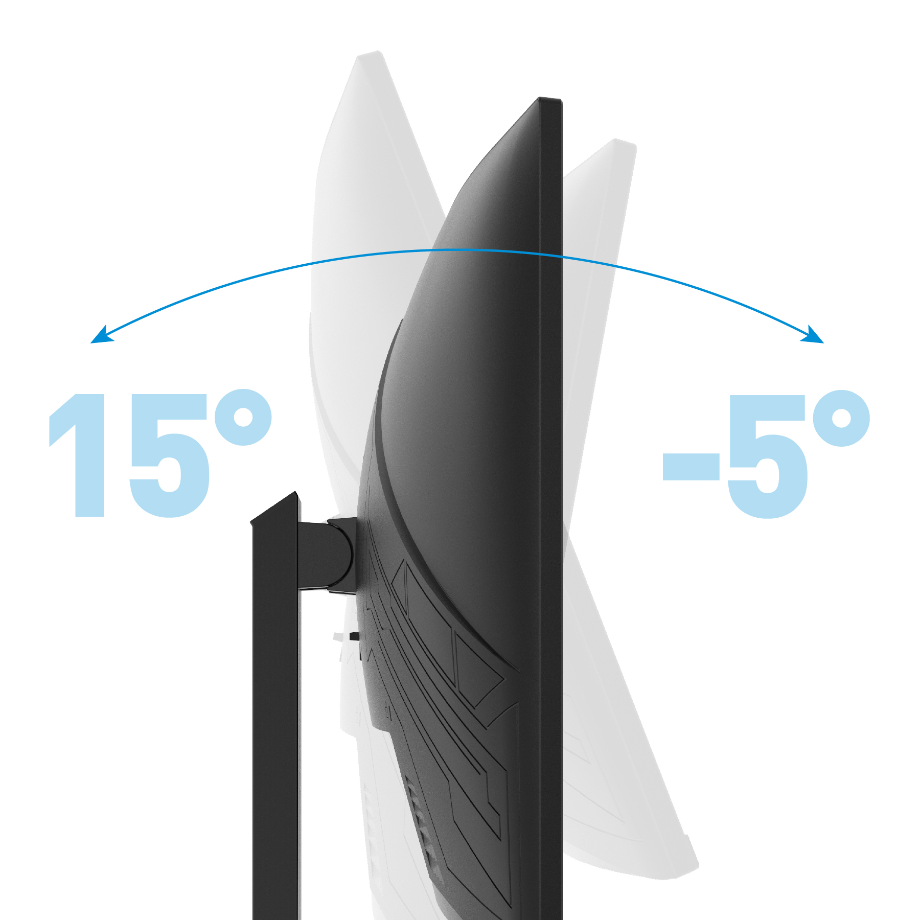 Schwarzer Computermonitor, der den Neigungswinkel zeigt. Der Monitor kann 15 Grad nach oben.