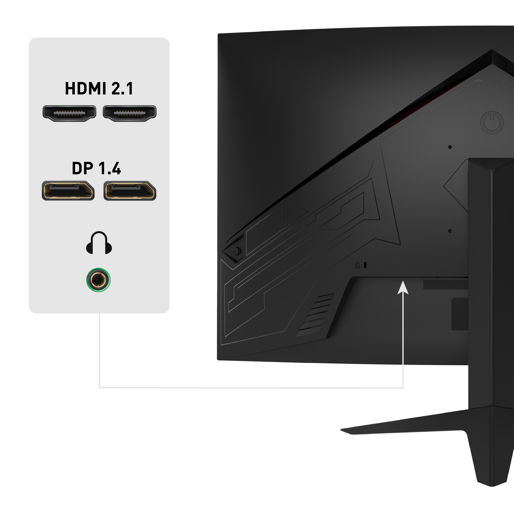 Nahaufnahme der Rückseite eines schwarzen Monitors. Zeigt HDMI, DP-Anschlüsse und Ein/Aus-Taste.