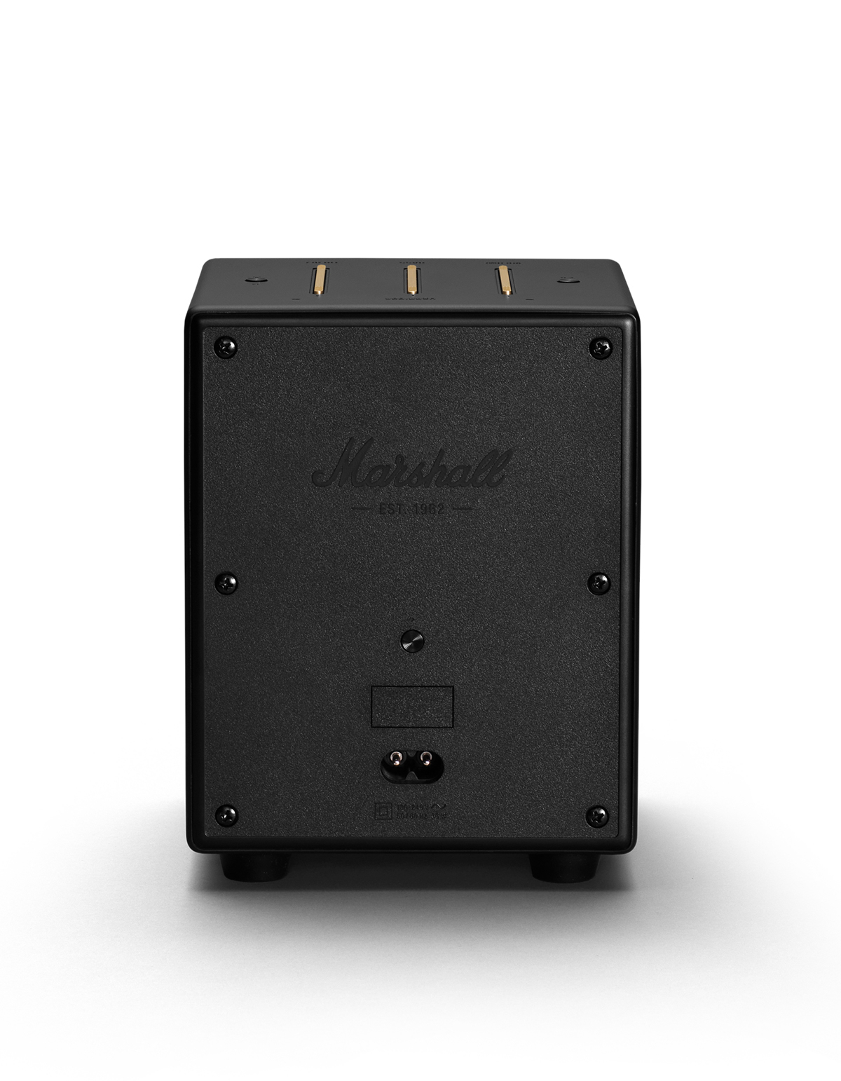 Parte trasera del altavoz Marshall negro. El logotipo de Marshall está centrado.