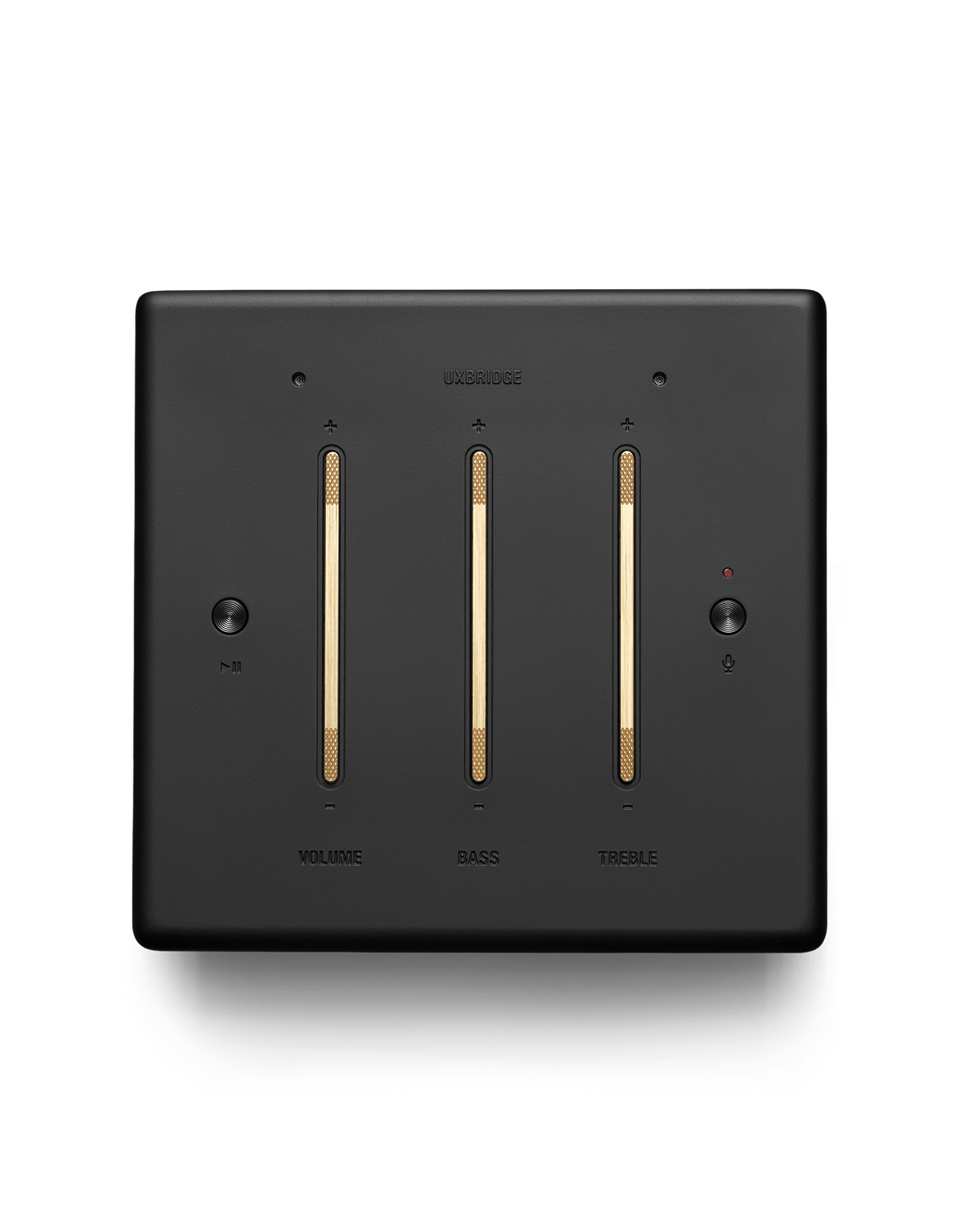 Dispositivo de audio UXBRIDGE negro con controles deslizantes de volumen, graves y agudos. Un indicador de encendido rojo a la derecha.