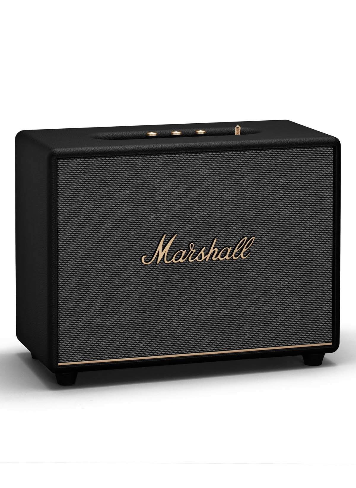 Schwarzer Marshall-Lautsprecher mit goldenem Marshall-Logo. Graue Lautsprecherabdeckung.