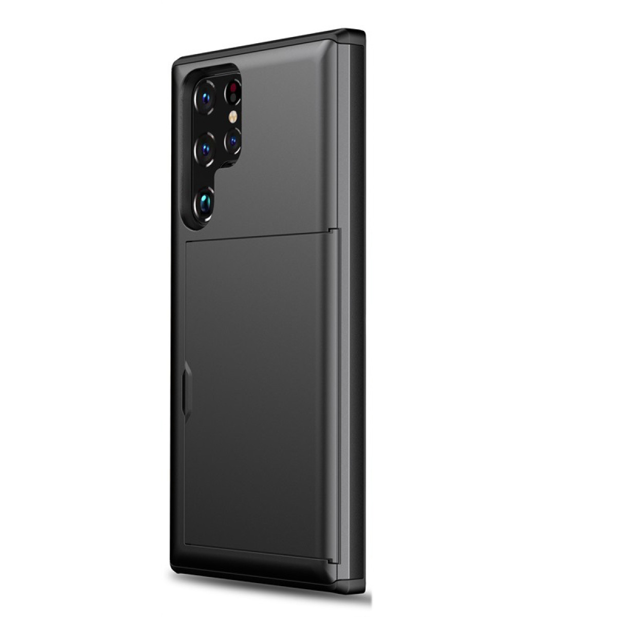 Eine schwarze Handyhülle mit Kartenhalter und einem Samsung-Telefon.