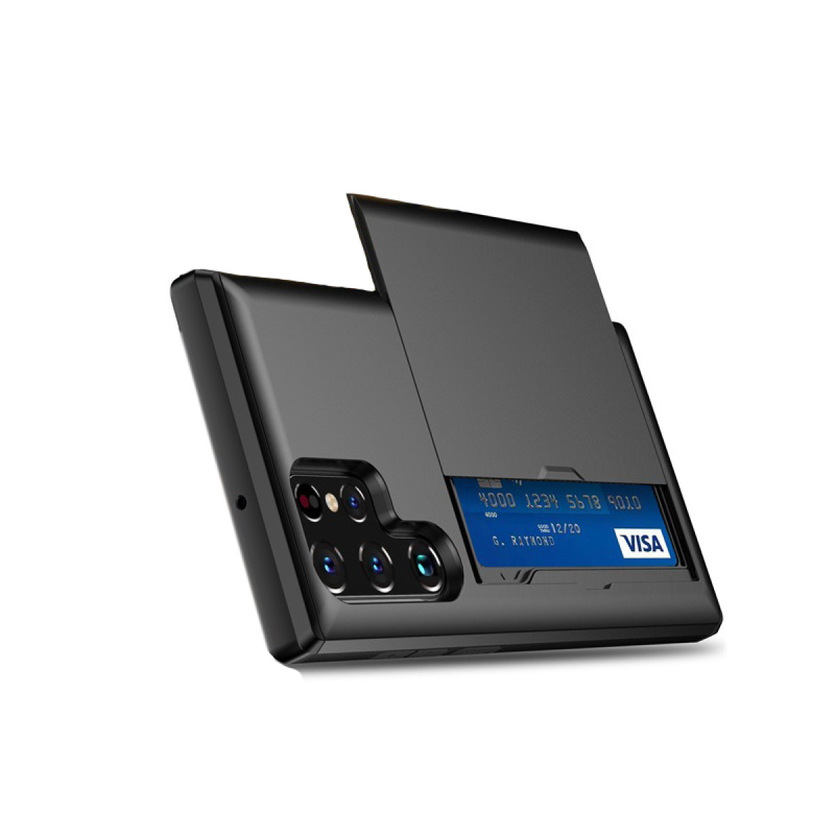 Eine schwarze Handyhülle mit offenem Kartenfach, das eine VISA-Karte zeigt. Das Telefon ist schwarz, mehrere Rückkameras sind sichtbar.
