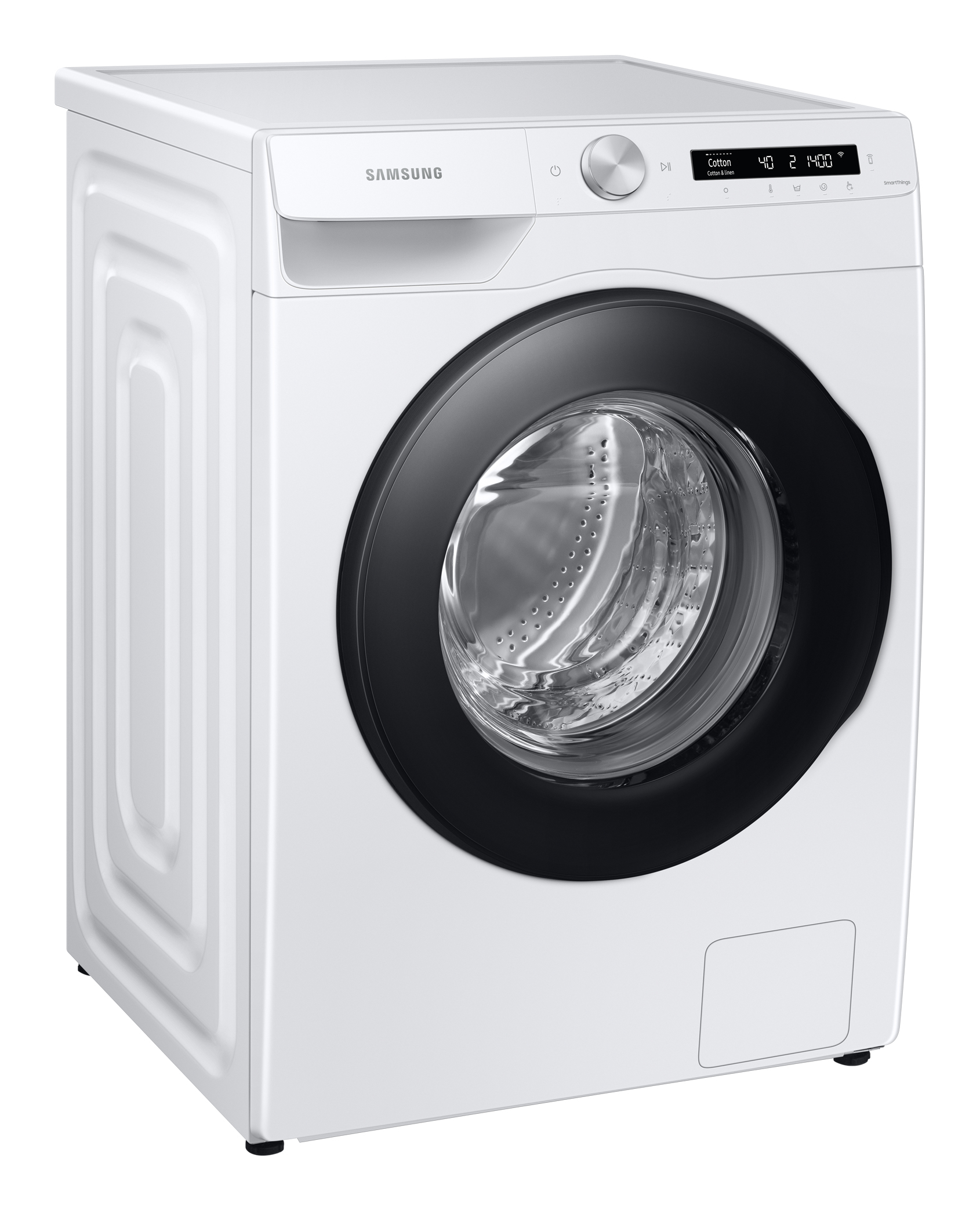 A white Samsung washing machine with a black door, angled view, standing on a white background.
