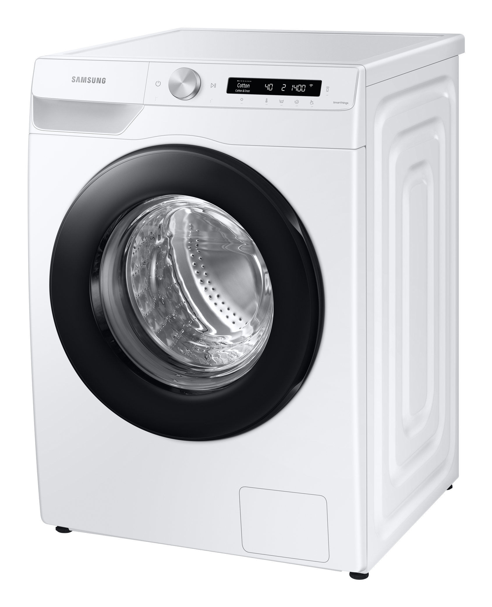 A white Samsung washing machine with a black door, displaying its interior, set on a white background.