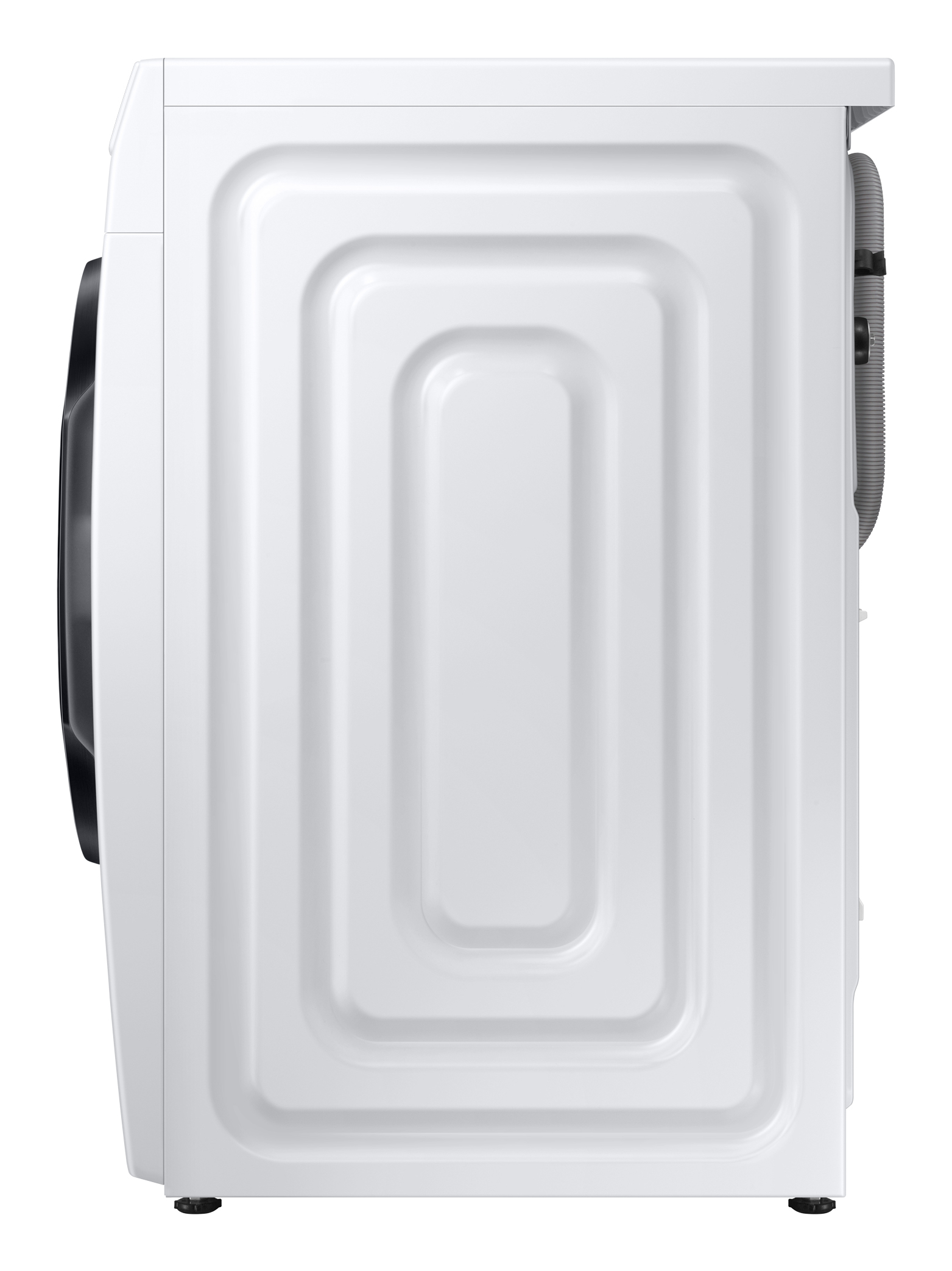 White washing machine, side view, showing the side panel and hose.