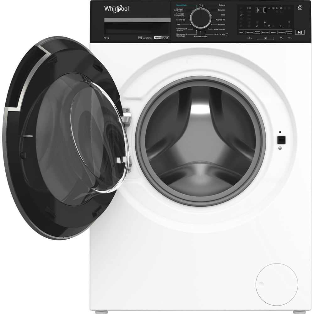 Una lavatrice Whirlpool bianca con la porta aperta, che mostra il cestello interno.