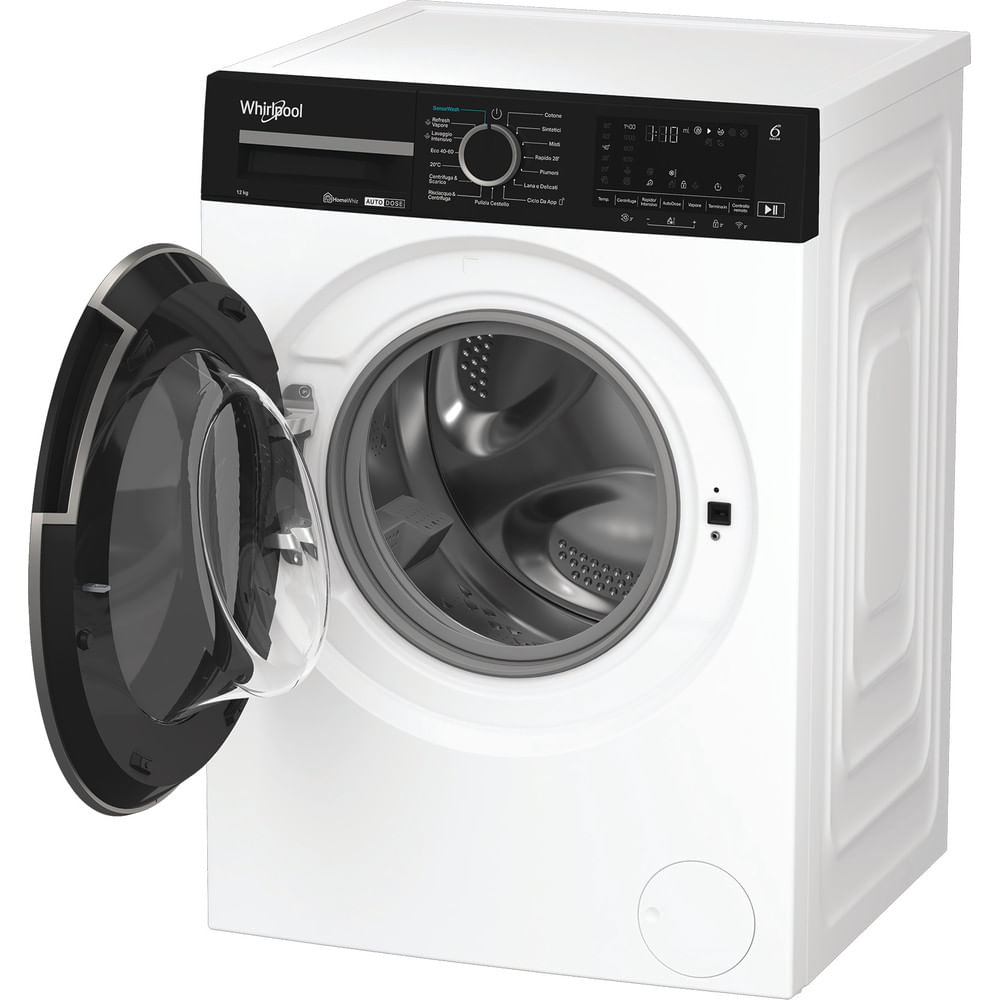 Lavatrice bianca con porta aperta. Il logo Whirlpool è visibile sulla macchina.