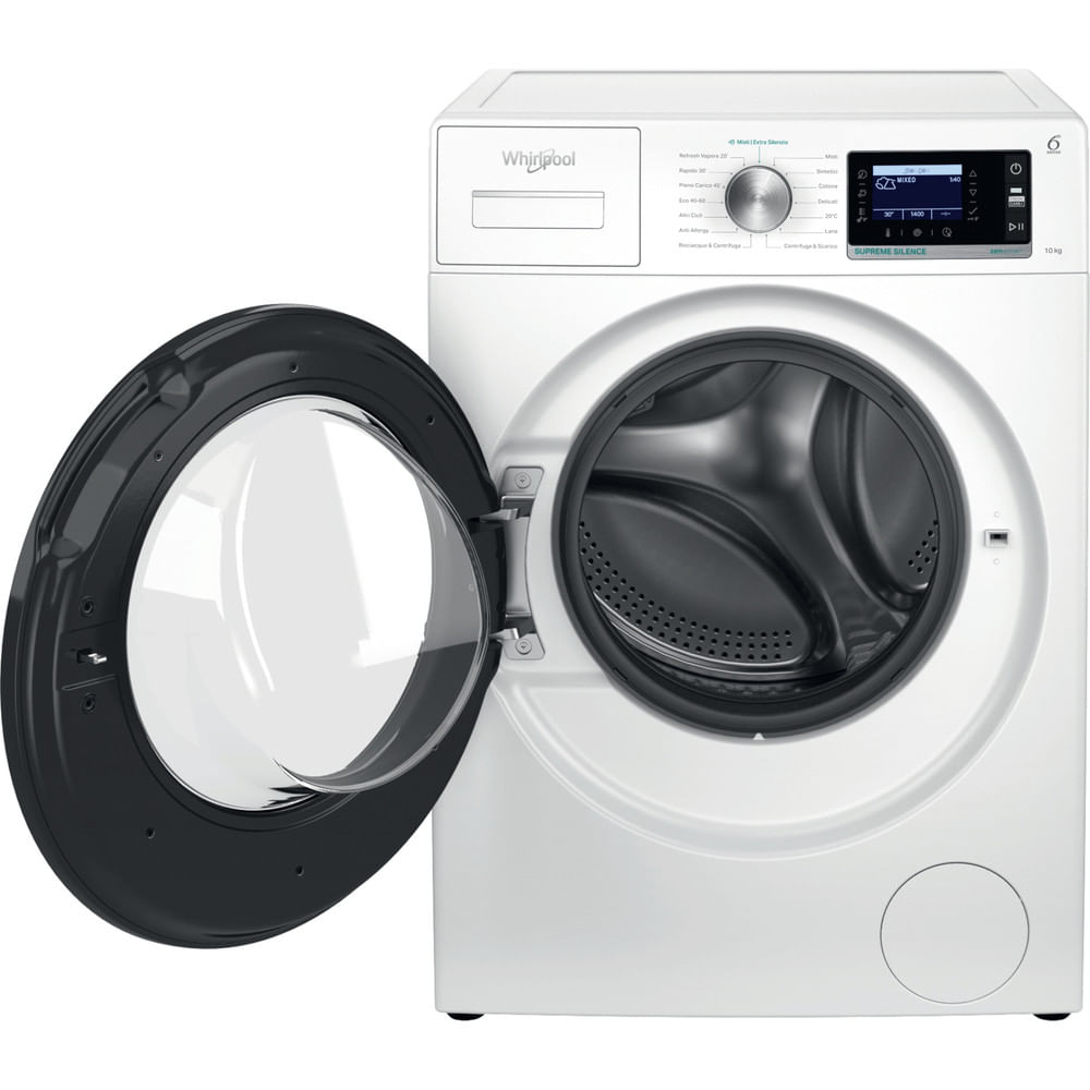 Lavatrice Whirlpool bianca con porta aperta grigio scuro che rivela un interno del cestello in acciaio inossidabile.