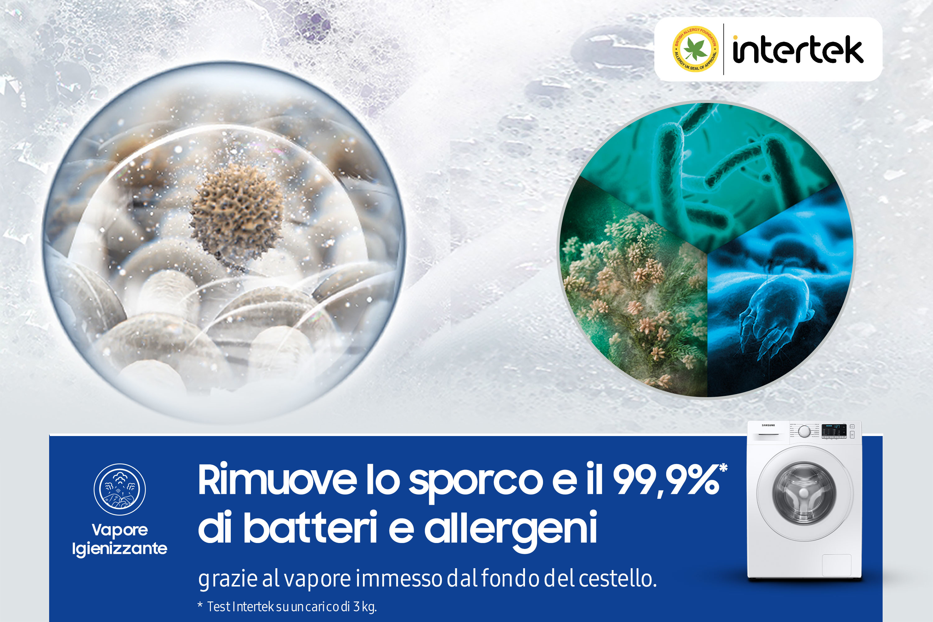 Una pubblicità che mostra una lavatrice e un diagramma di batteri nelle bolle.