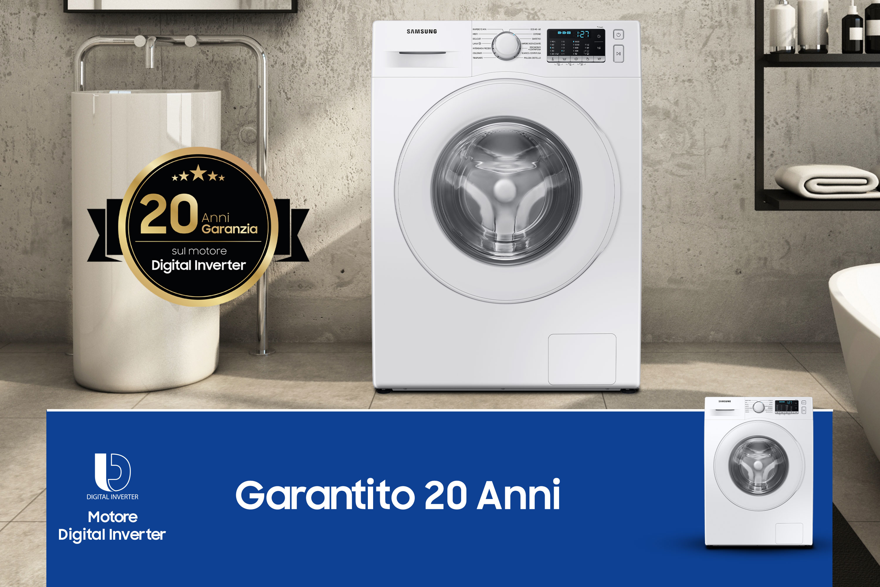 Una lavatrice Samsung bianca in un bagno con lavandino, vasca e un logo di garanzia di 20 anni.