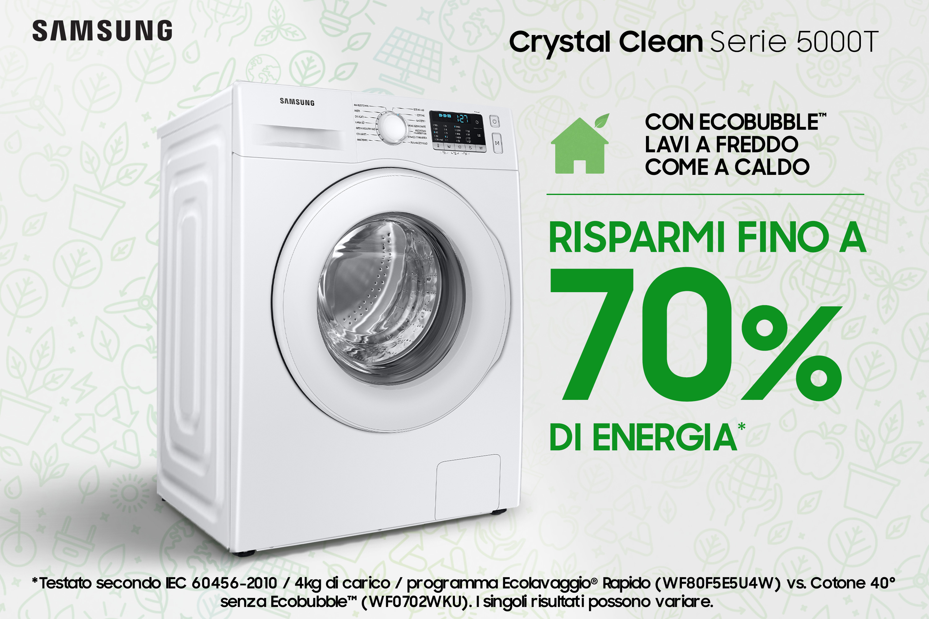 Lavatrice Samsung bianca con tecnologia ecobubble e funzioni di risparmio energetico su sfondo verde.