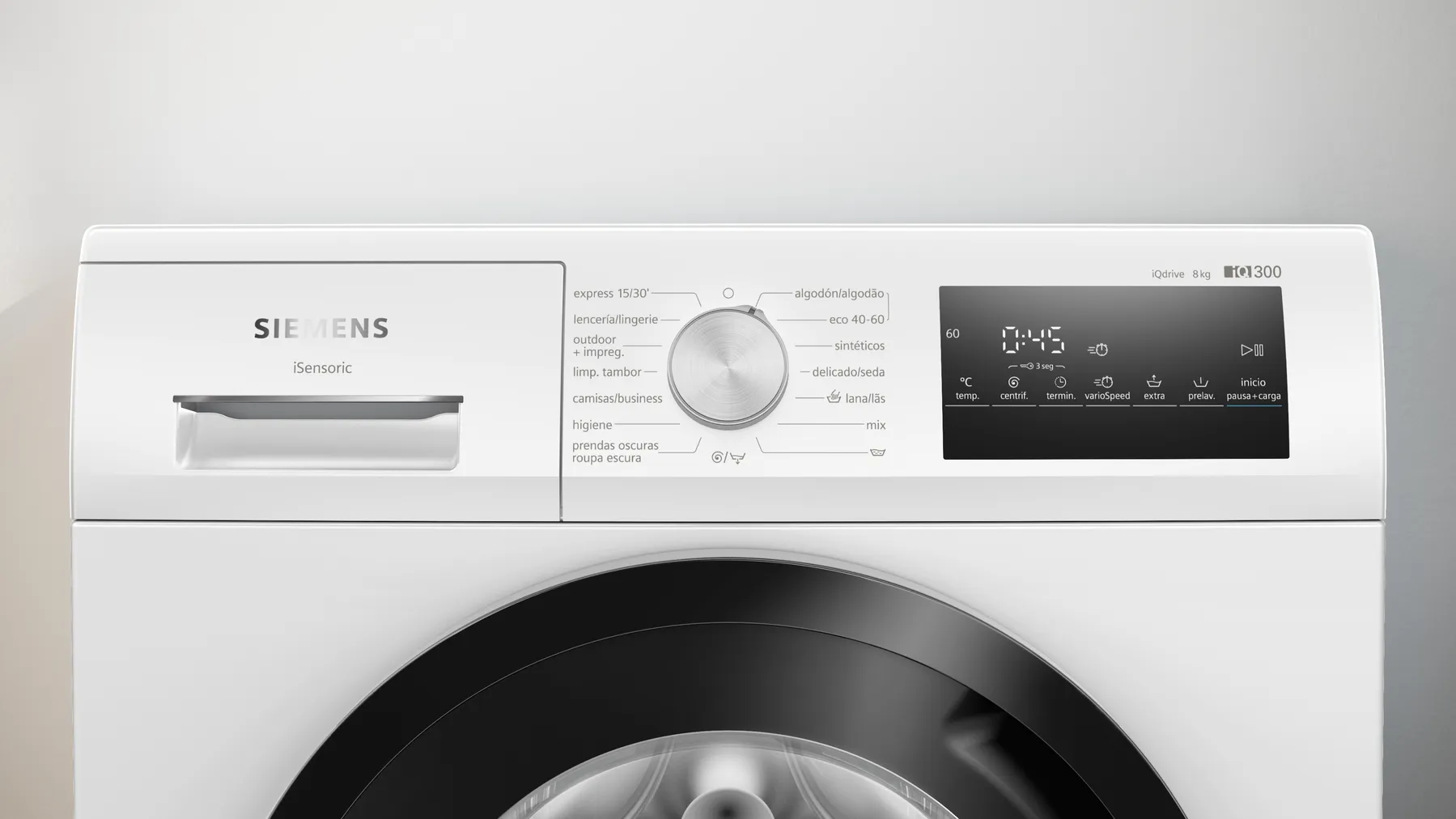 Panel de control de lavadora Siemens blanco con varios ajustes.
