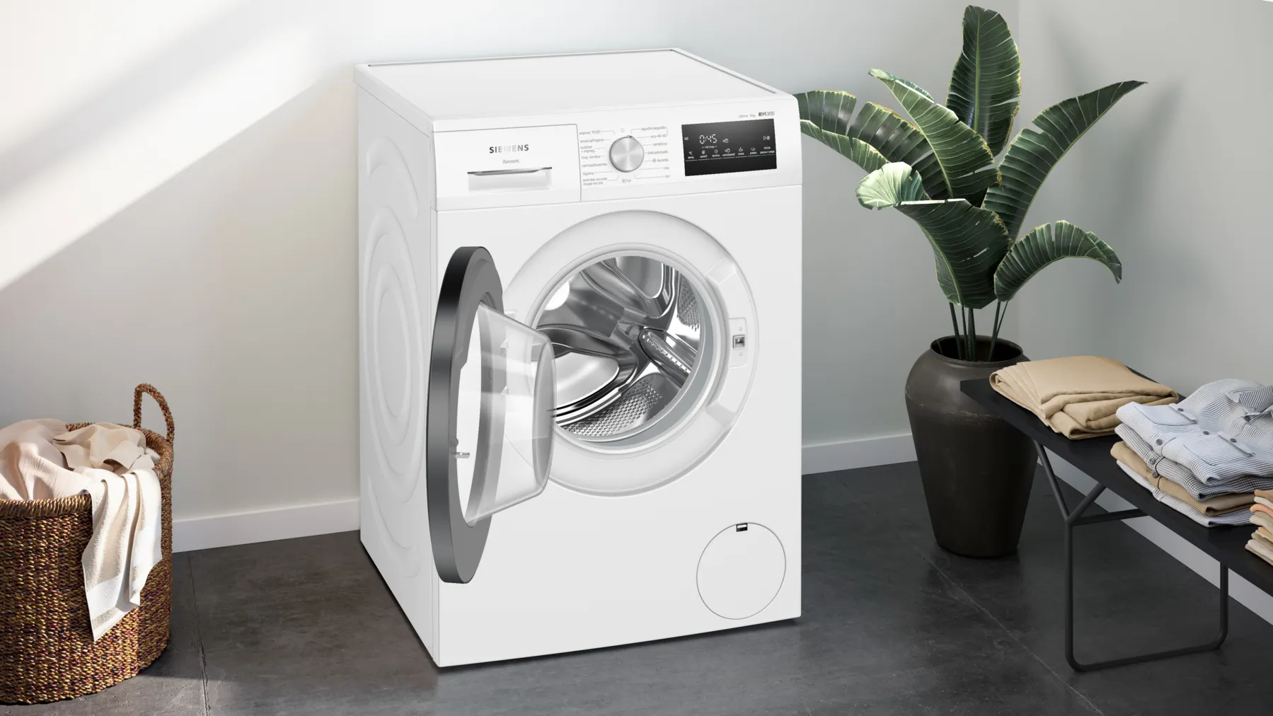Una lavadora blanca con la puerta abierta, junto a una planta.