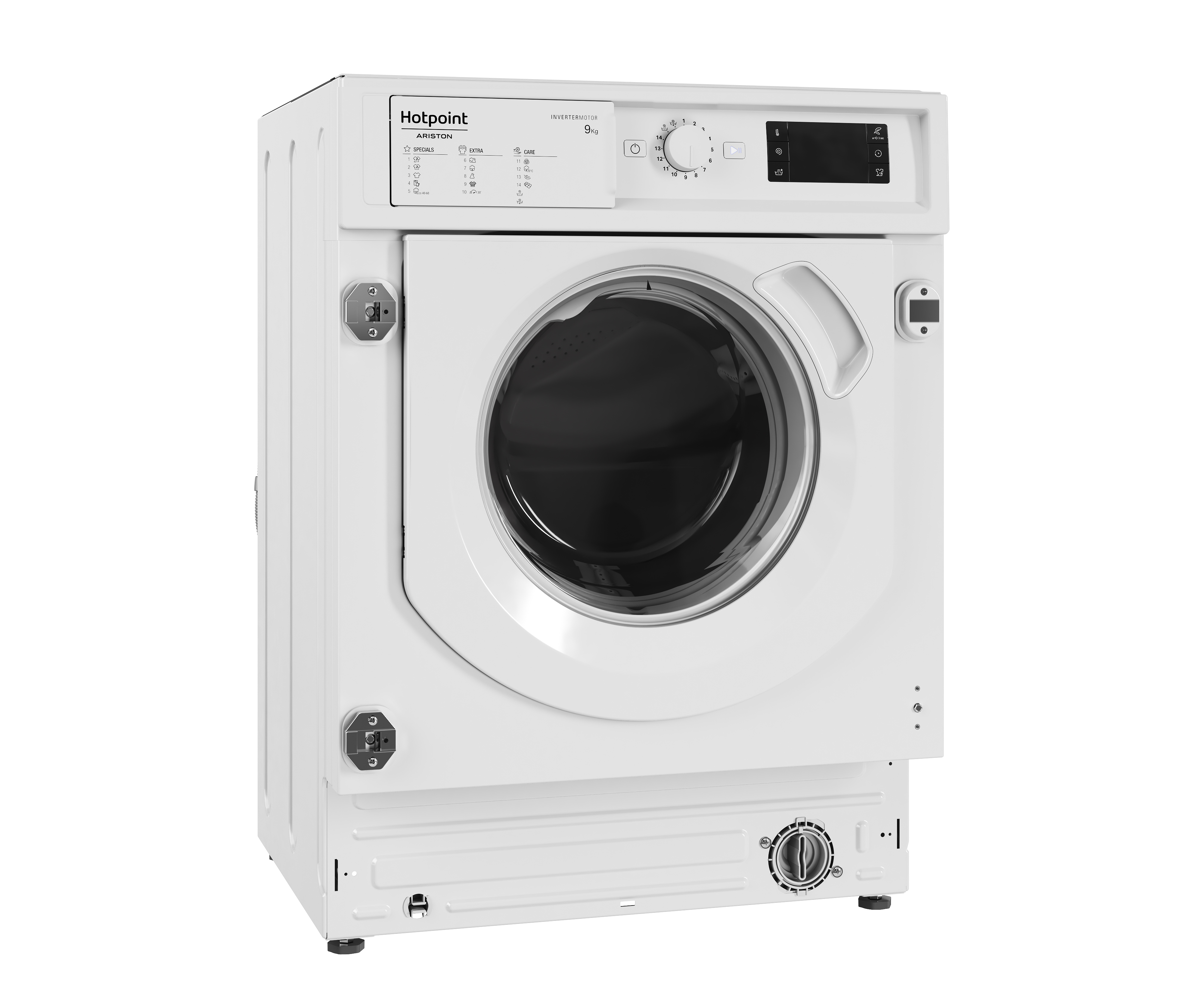 Una lavatrice bianca Hotpoint Ariston con un pannello di controllo in alto a destra.