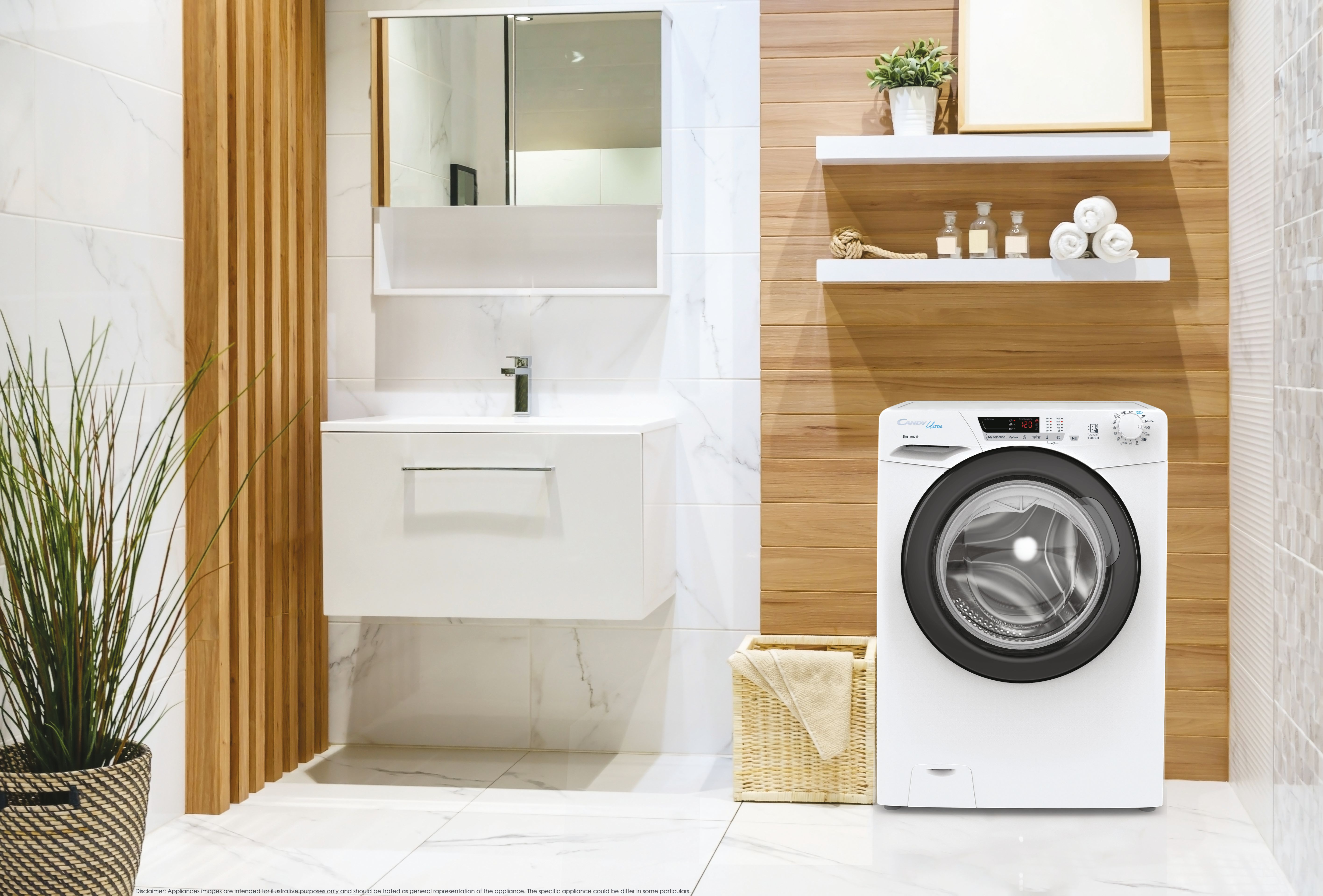 Escena de baño con una lavadora blanca. Hay un lavabo, espejo y estantes con objetos.