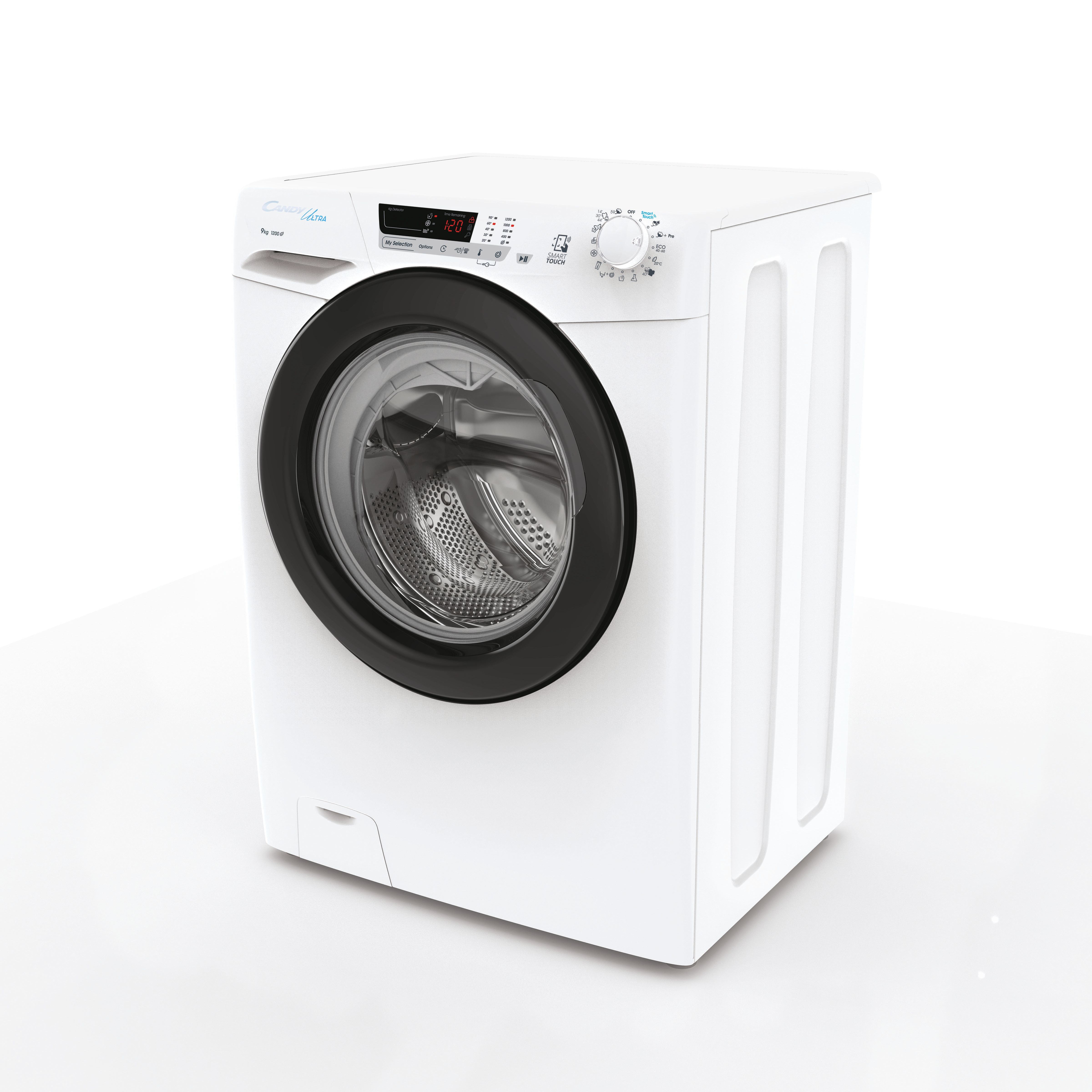 Lavadora blanca, vista en ángulo. Tiene puerta negra, cuerpo blanco y panel de control.