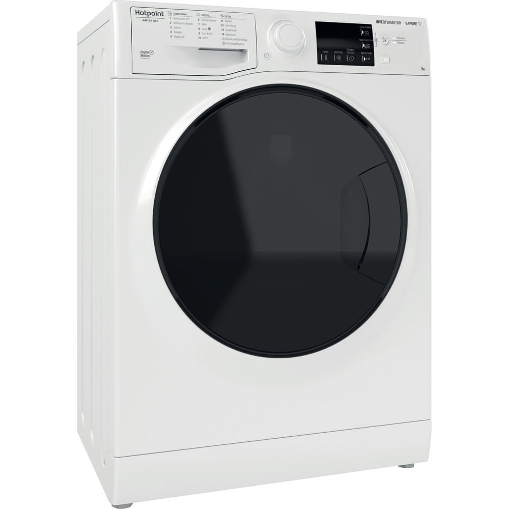 Lavatrice Hotpoint bianca, vista angolata. Presenta porta nera e pannello comandi.