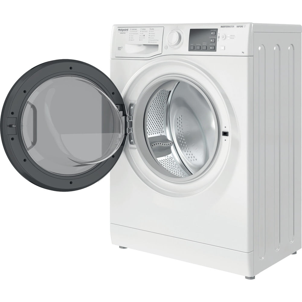 Lavatrice Hotpoint bianca. Porta aperta, tamburo visibile. Pannello comandi visibile.
