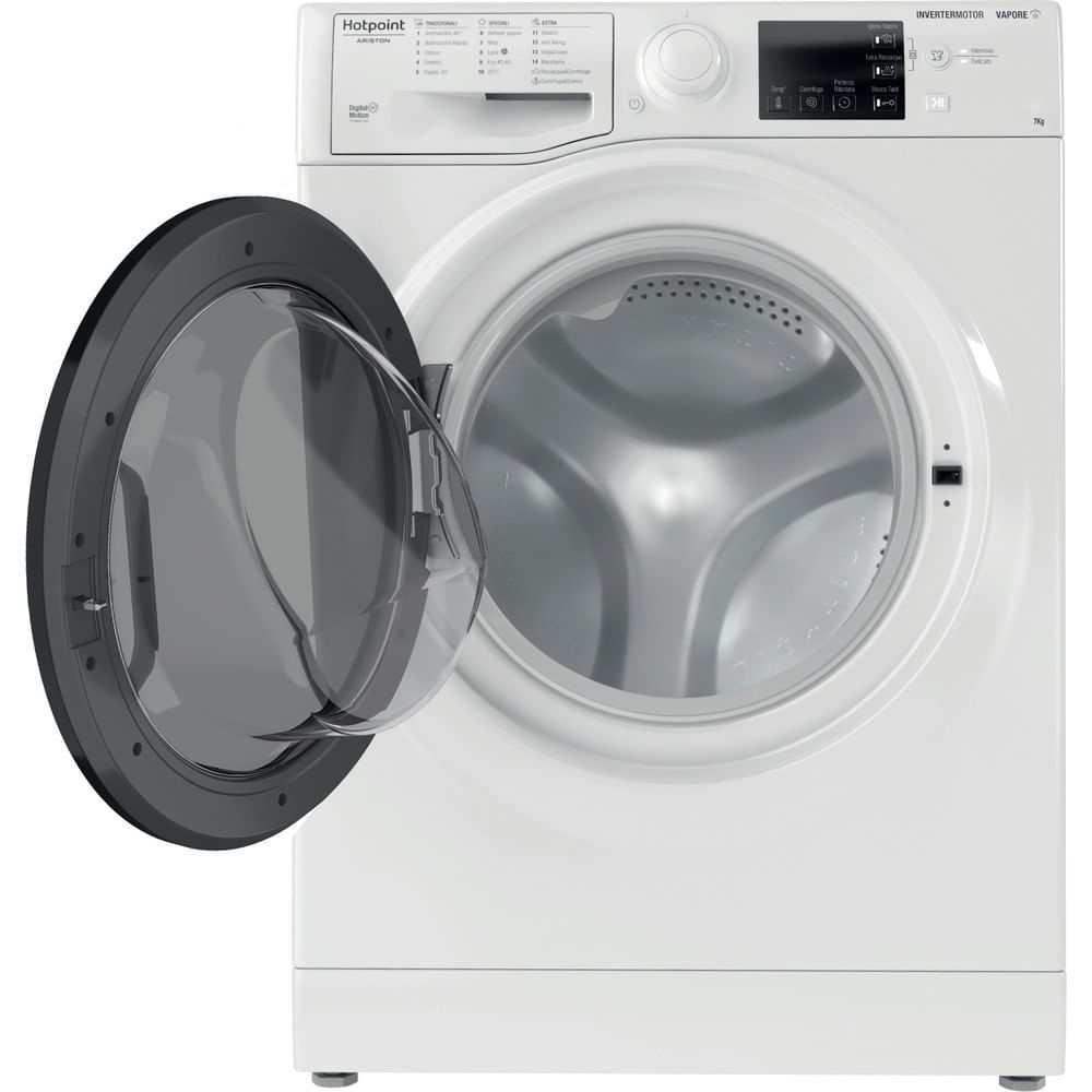 Asciugatrice Hotpoint bianca con porta nera aperta. Tamburo interno visibile.