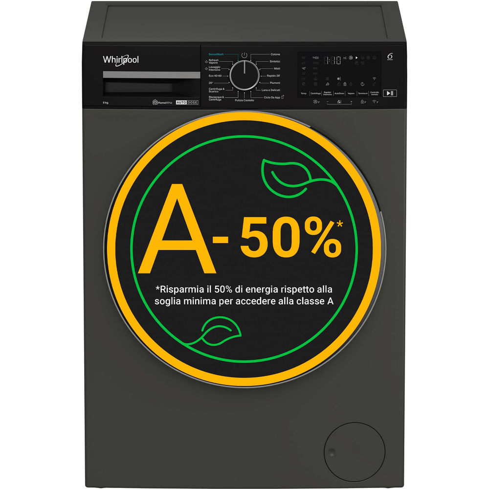 Una lavatrice nera con un'etichetta di efficienza energetica A-50%.