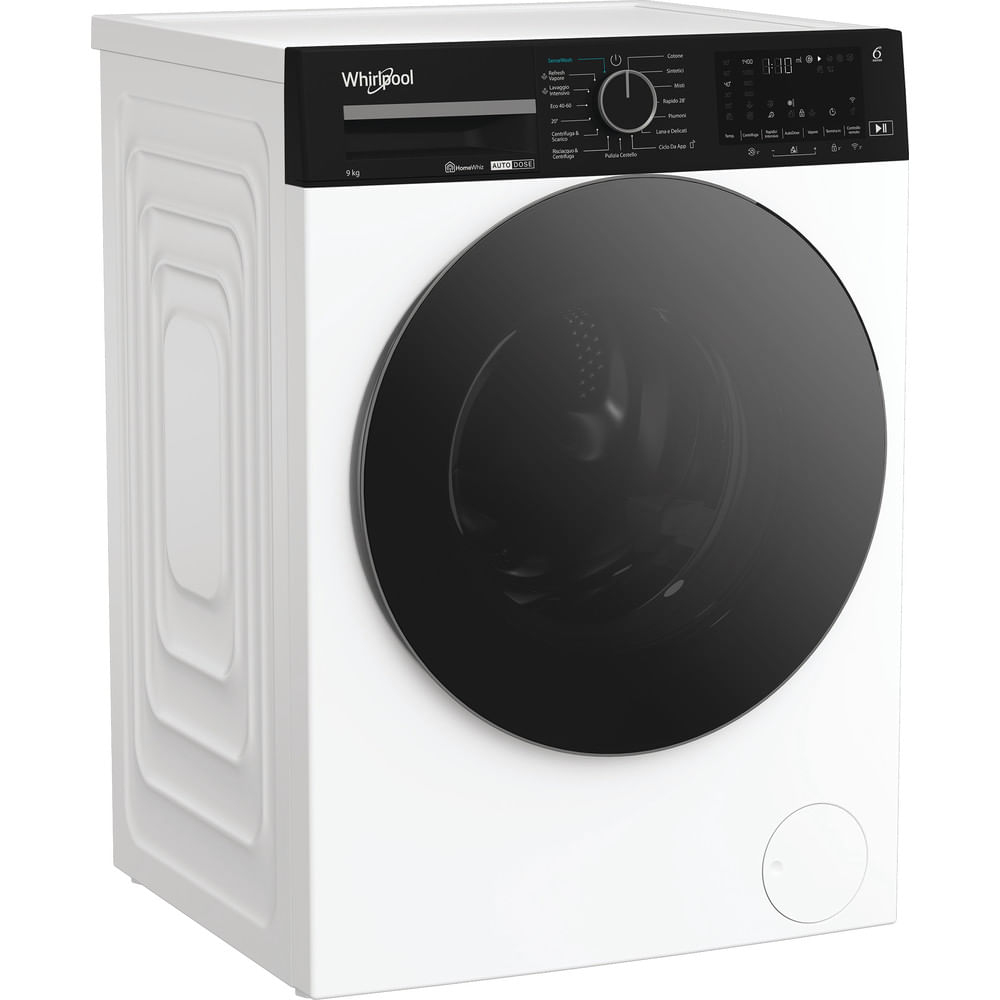 Una lavatrice Whirlpool bianca con porta nera e pannello comandi, angolata.