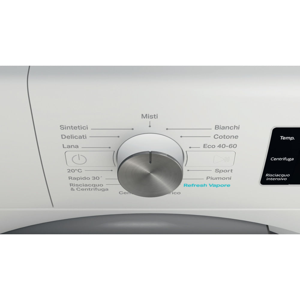Primo piano del pannello comandi di una lavatrice Whirlpool con manopola e opzioni di programma.