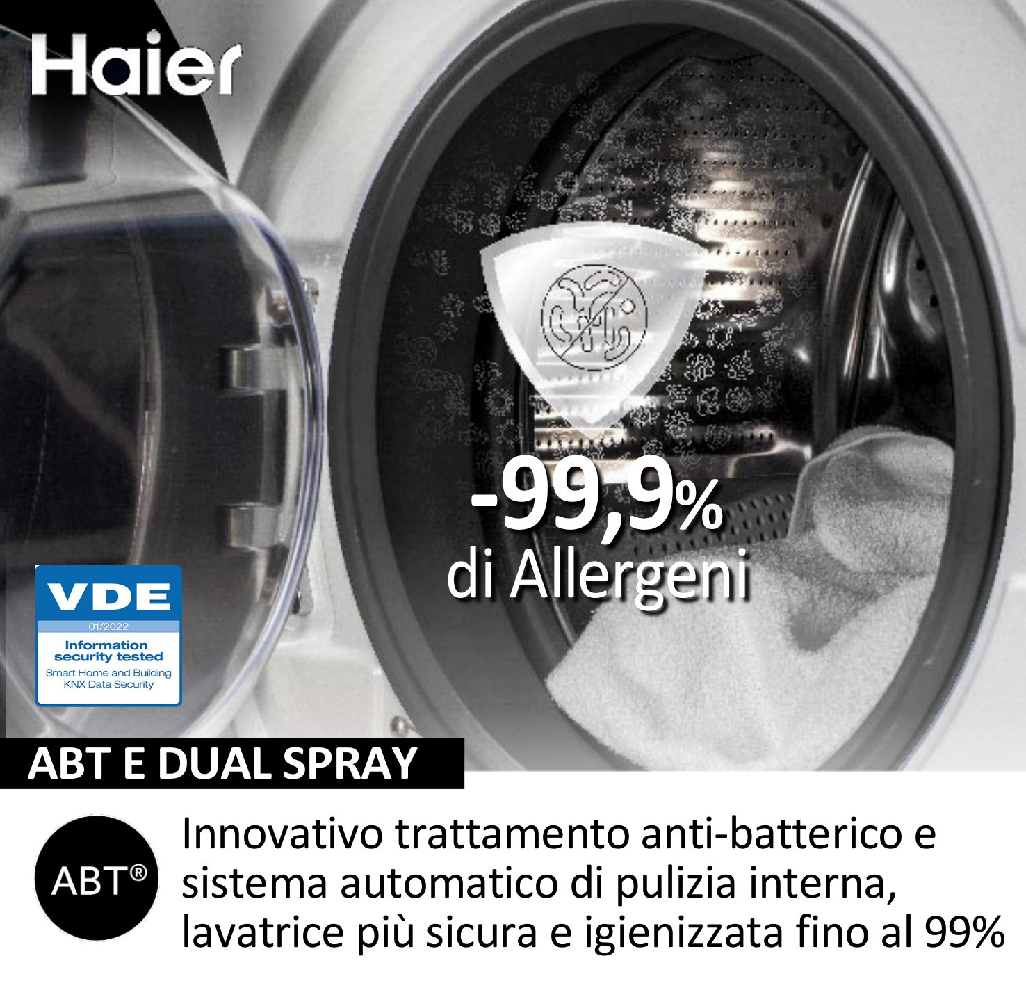 Una lavatrice con uno scudo mostra che rimuove il 99,9% degli allergeni. Il testo indica ABT e doppia spruzzatura.