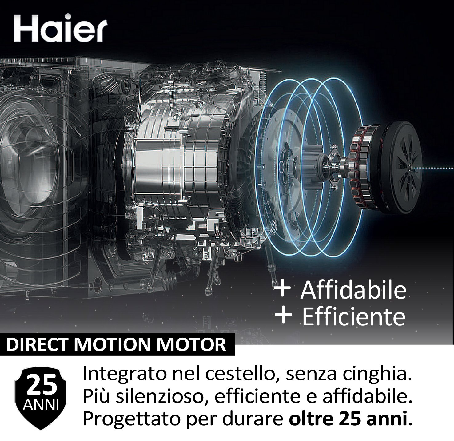 Immagine che mostra una lavatrice smontata con i suoi componenti interni e testo sul motore a movimento diretto.