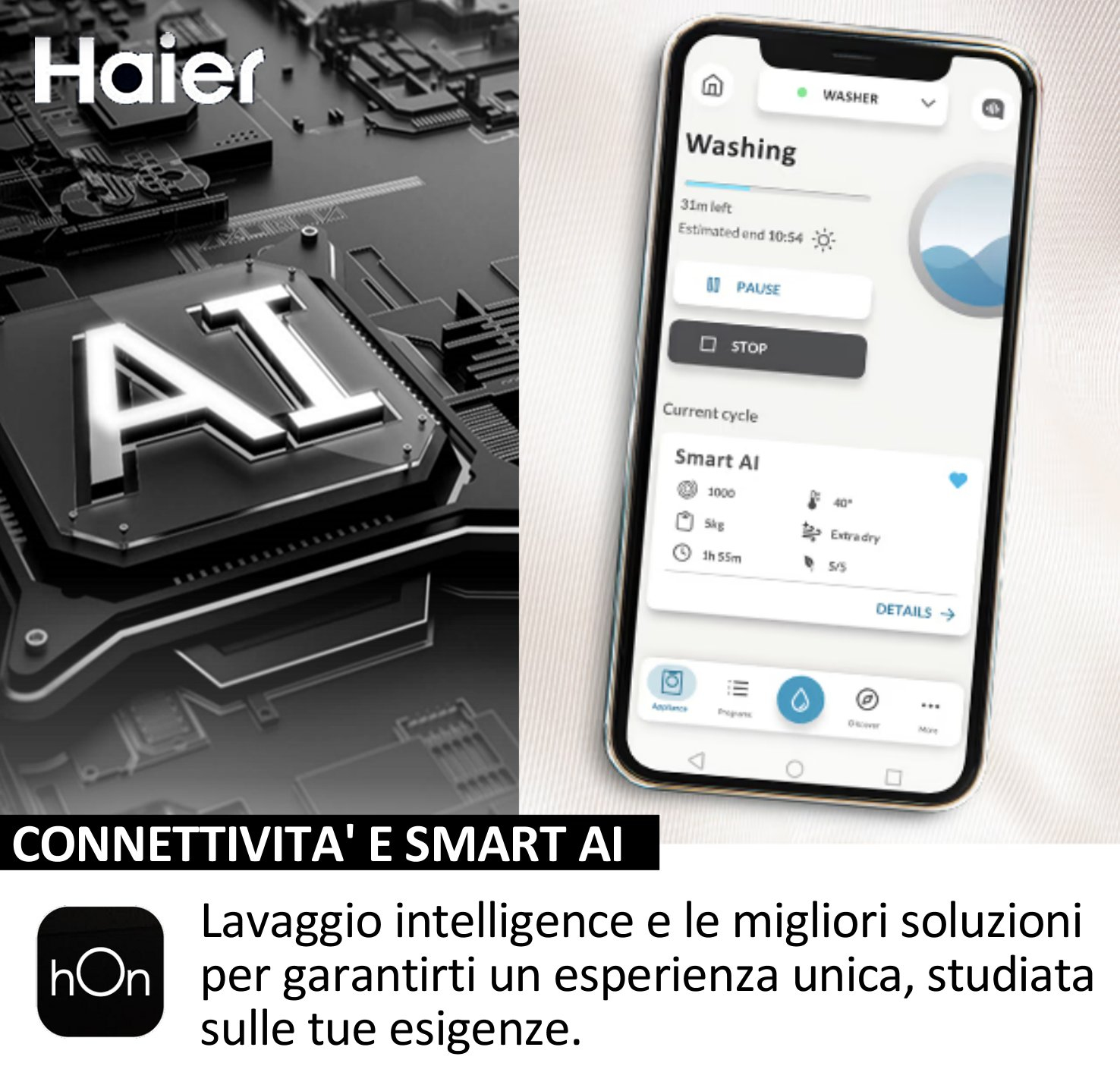 Uno smartphone mostra l'interfaccia dell'app Haier, mostrando le informazioni sul ciclo di lavaggio e le opzioni di controllo.