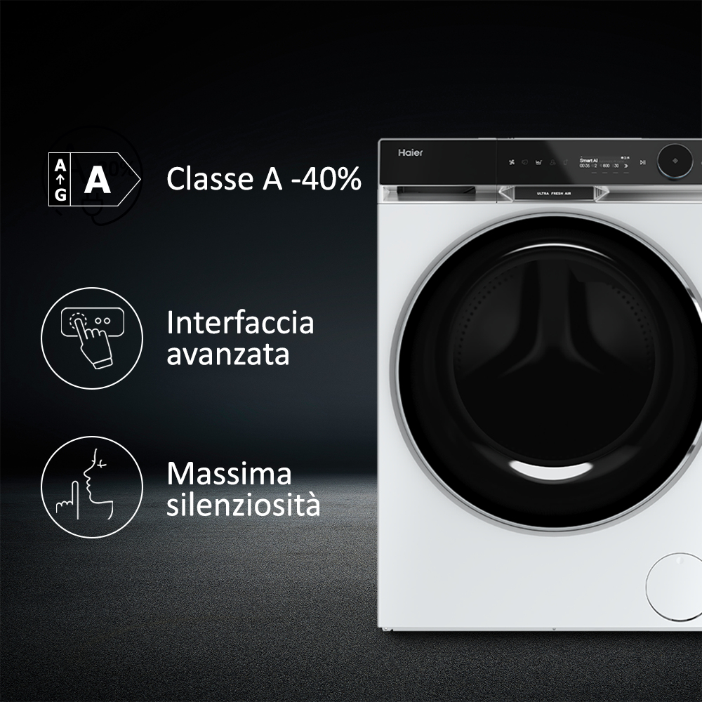 Lavatrice Haier bianca, con pannello di controllo nero e porta grande.