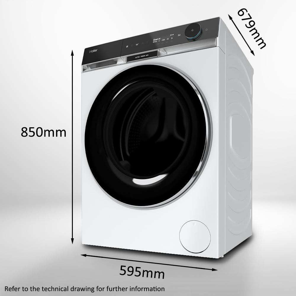 Lavatrice Haier bianca, dimensioni: 850 mm altezza, 595 mm larghezza e 679 mm profondità.