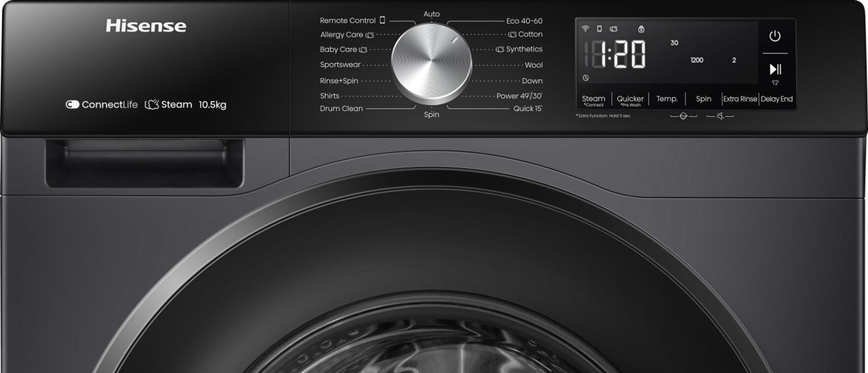 Panel de control de la lavadora Hisense: programas, pantalla con tiempo, centrifugado y energía.