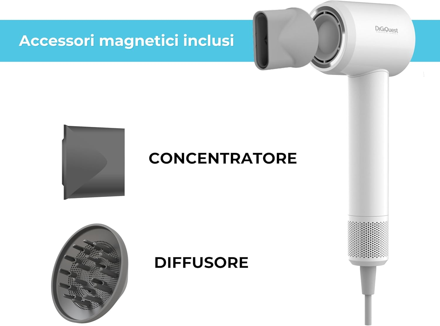 Primo piano dell'asciugacapelli DigiQuest con accessori diffusore e concentratore. L'immagine mostra il prodotto.