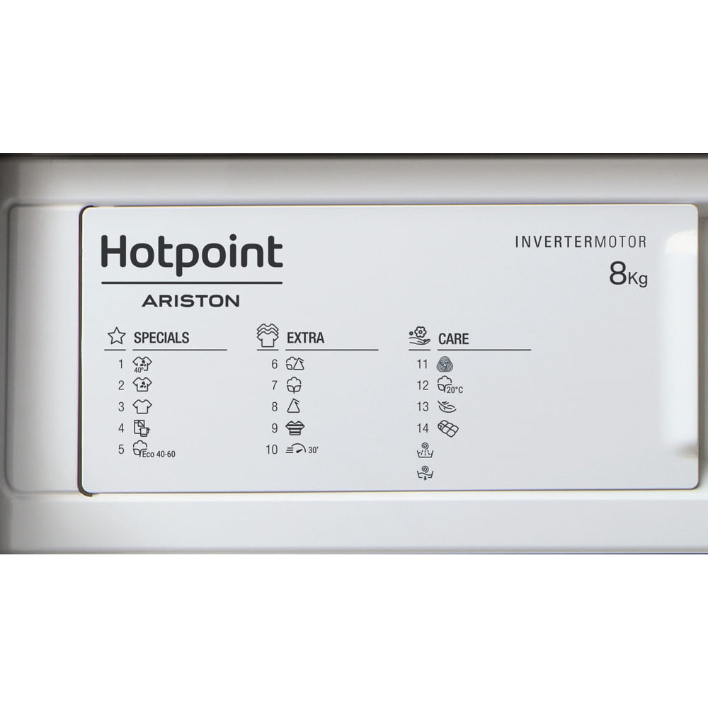 Close-up of a Hotpoint washing machine control panel with various wash cycle options and an 8kg capacity label.