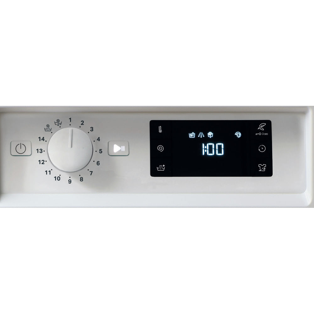Close up of white washing machine control panel with a display.