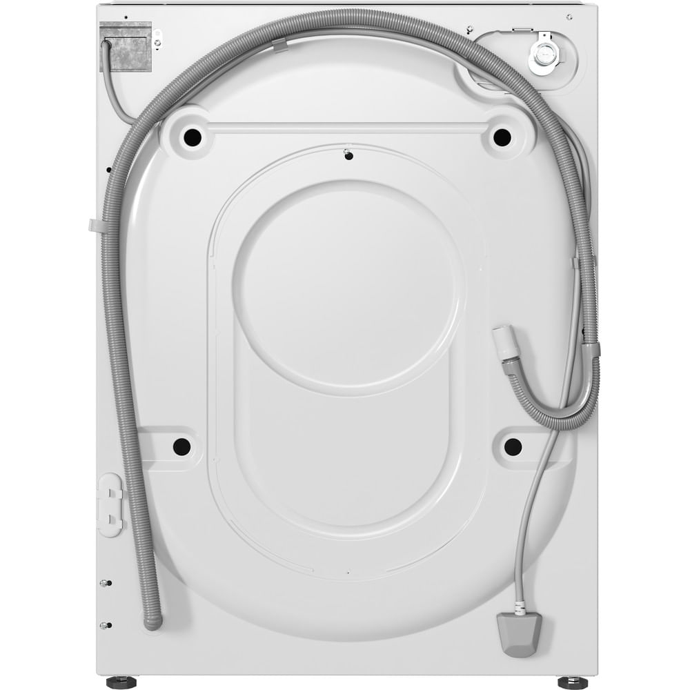 The back of a white washing machine. It has various hoses and connections for water and power.